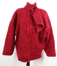 Vtg Unbranded L/XL Maroon Red Fuzzy Boucle Mohair Zip Jacket Scarf Collar - £41.55 GBP