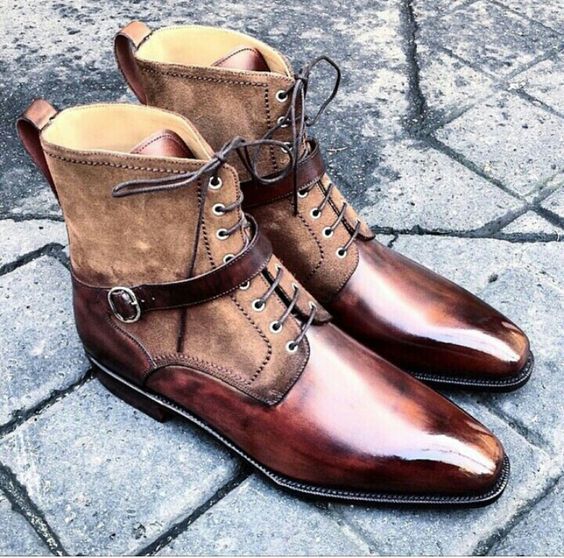 New Men Handmade Cap Toe Leather Ankle High Lace Up Boots,Leather Color boot