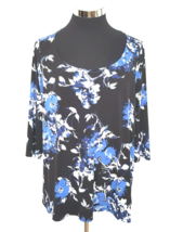 Liz Claiborne Blouse Women&#39;s Size OX Blue Black White Floral Knit Pullover - £13.45 GBP