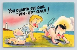 Comic These Pin Up Girls are Actually Babies UNP Linen Postcard I17 - $3.51