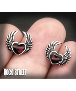 Gothic Victorian Silver Red Heart with Wings Earrings Studs - Valentine - $13.86 CAD
