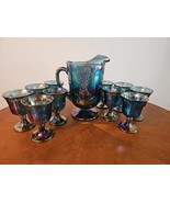Vintage Indiana Blue Carnival Glass Harvest Grape 10 Goblets and Pitcher... - $128.67
