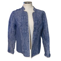 Chico&#39;s Embroidered Quilted Chambray Open Front Jacket Blue Medium - $33.82
