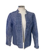 Chico&#39;s Embroidered Quilted Chambray Open Front Jacket Blue Medium - £26.93 GBP