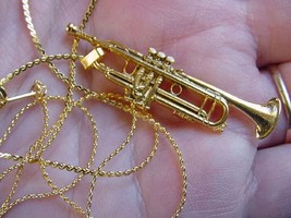 (M-209-E) TRUMPET Pendant NECKLACE jewelry 24k gold plate Bach Stradivarius - £19.46 GBP