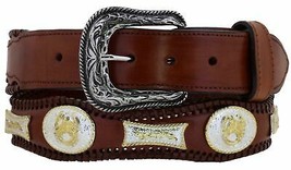 Cognac Concho Western Belt Real Leather Cowboy Braided Dress Buckle Size 34 - £37.34 GBP