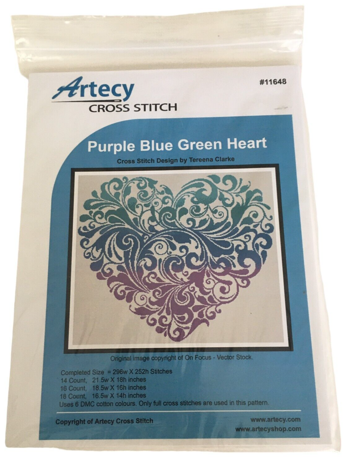 Artecy Counted Cross Stitch Pattern Purple Blue Green Heart Love Swirl 11648 - $15.99