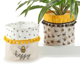 Bee Canvas Planter Storage Bins Set of 2 Buzz Fully Lined Waterproof 7" High image 2