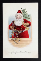 A Jolly Christmas To You Santa Holding Bells &amp; Horn Fairman Co Postcard c1914 - $12.99