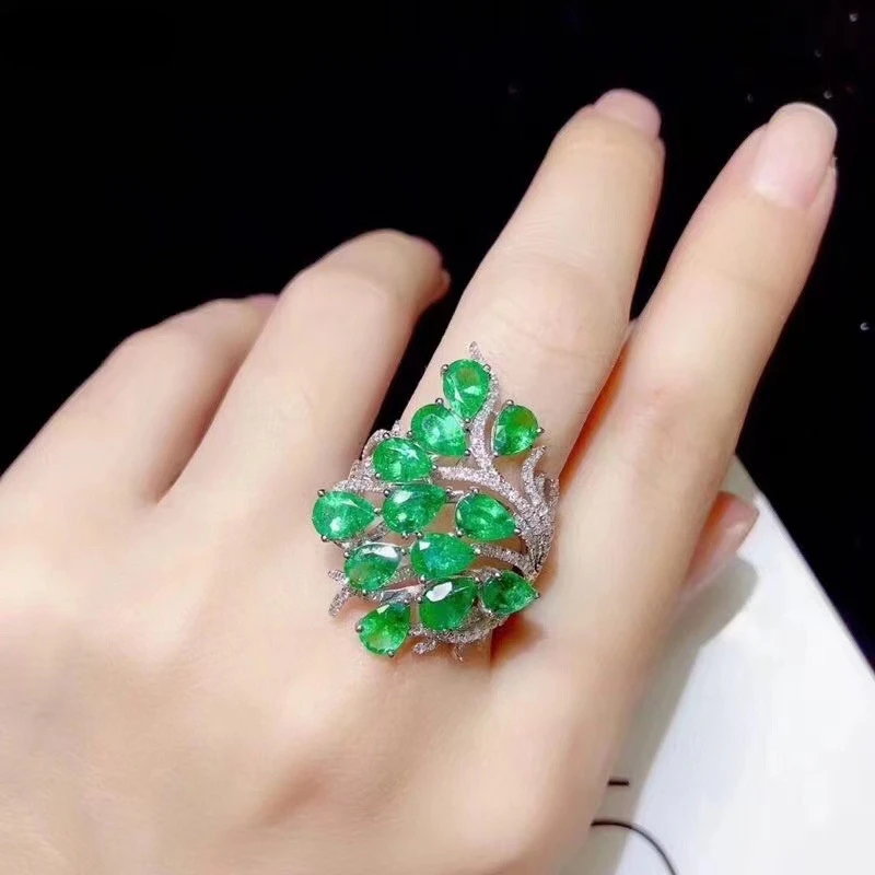 High Jewelry S925 Sterling Silver Natural Emerald New Girls Fashion Gem Rings Te - £166.54 GBP