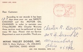 Dayton Ohio~Miami Valley Dodge CHRYSLER-SAFETY &amp; Pennzoil NOTICE-1967 Postcard - £5.69 GBP