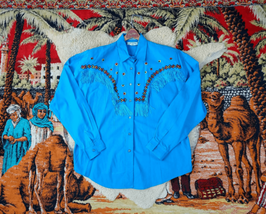 Vtg 1990s Side Saddle Blue Navajo Fringe Aztec Western Cowgirl Rodeo Shirt Sz M - £58.00 GBP
