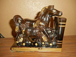 Book End Ceramic Horse And Baby Foal Single Pc Mid Century Japan Black Gold - £22.50 GBP