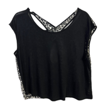 Forever 21 Womens Crop Tee Black Gray Leopard Cap Sleeve Cutout Cross Back M - £13.46 GBP