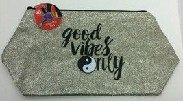 Royal Deluxe Accessories &quot;Good Vibes Only&quot; Printed Silver Cosmetic Bag/P... - £8.05 GBP