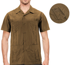 Men&#39;s Short Sleeve Brown Guayabera Button Up Cuban Embroidered Dress Shirt - £14.82 GBP