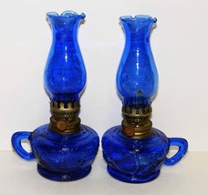 Cobalt Blue Oil Lamps Fluted Chimneys 7-1/2&quot;  Tall Vintage Hong Kong - $50.00