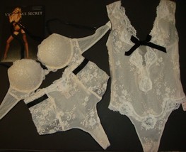 Victoria&#39;s Secret 34A Bra Set+Xs Teddy one-piece Ivory White Black Lace Velvet - £134.52 GBP