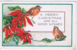 Christmas Postcard Embossed Robins Poinsettia Merry Christmas &amp; All Good Wishes - £1.77 GBP