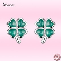 Bamoer New Four-leaf Clover Ear Studs Genuine 925 Silver Green Plant Stud Earrin - $22.40