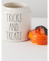 Rae Dunn TRICKS OR TREATS 8.5&quot; Tall White Canister Cookie Jar w/Orange G... - $48.20