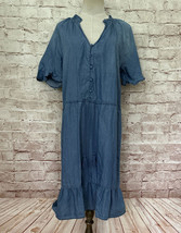 C&amp;C California Womens Dress Blue Chambray Midi Dress Cinch Waist Casual Size L - £22.81 GBP