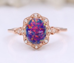 Handmade Oval Black Opal 925 Silver Rose Gold Plated Art Deco Engagement Ring - $79.99