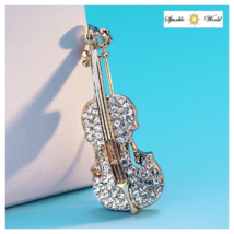 Gold Crystal Violin Brooch for Women Fashion Pin Elegant Rhinestones Brooch - £9.91 GBP
