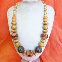 Vintage Oversized Graduated Bead Necklace Beige Gray &amp; Pink Statement Choker - £16.08 GBP