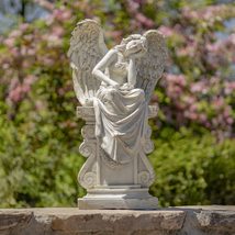 Zaer Ltd. 30.7&quot; Tall Magnesium Angel Statue Sitting on Pillar (Antique White) - $319.95