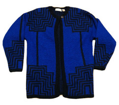 VTG Priscilla Women L Blue Black Single Button Wool Knit Cardigan Sweate... - £30.99 GBP