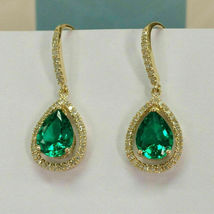 4.00 Ct Pear Cut Green Emerald Diamond Dangle Earrings in 14K Yellow Gold Finish - £86.46 GBP