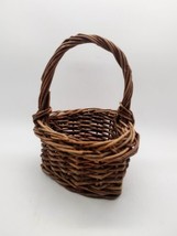 Vintage Handwoven Wooden Stick Handled Heart Basket Brown 6.25 in Primitive  - £9.10 GBP