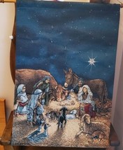 Nativity Scene Fabric Tapestry Lighted Wall Hanging Wood Dowel Rod 25&quot; X... - $30.96