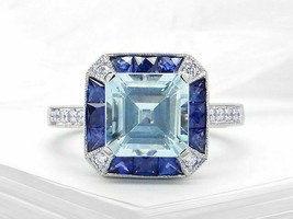 2ct Asscher Cut Blue Aquamarine Art Deco Engagement Ring 14k White Gold Finish - £74.46 GBP