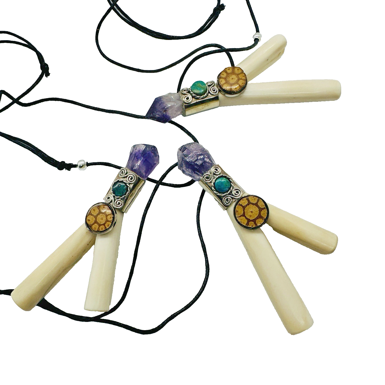 Kuripe Pipe with Aya Vine, Chrysocolla and Amethyst | Llama Bone - $31.35
