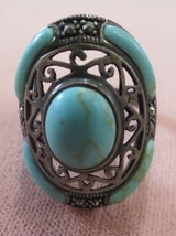 Vintage natural  Turquoise  &amp; rhinestone filigree Ring 925 Sterling size 7.5 - £79.92 GBP