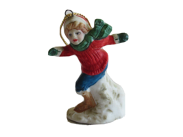 Russ Christmas Ornament Village Figurine Boy  ~2.1&quot; Ceramic Hat Scarf 9735 - £7.53 GBP