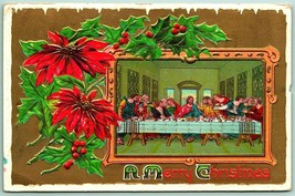 Da Vinci Last Supper Poinsettias Icicle Border Merry Christmas DB Postcard I7 - £7.07 GBP