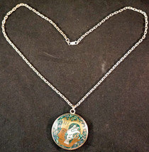 Mexican Silver Pendant Necklace Large Disk Bronze Copper Silver &amp; Inlaid Stones - £39.26 GBP