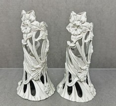 Floral Seagull Fine Pewter 4&quot; Candle Holders Set of 2 Taper Flowers Tulips 1990 - £12.44 GBP