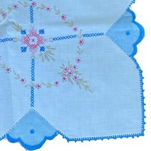 Vtg Farmhouse Tablecloth Blue Pink Floral Embroidered Cross Stitch sz 33x34.5&quot; - $26.99