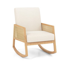 Rocking Chair with Rattan Armrests and Upholstered Cushion-Beige - £180.95 GBP