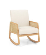 Rocking Chair with Rattan Armrests and Upholstered Cushion-Beige - £172.02 GBP