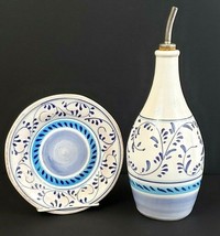 Crate &amp; Barrel Oil Cruet Pour Bottle and Plate Blue Pattern 12&quot; With Spout Italy - £15.03 GBP