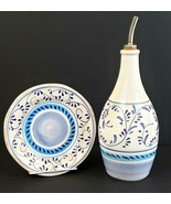 Crate & Barrel Oil Cruet Pour Bottle and Plate Blue Pattern 12" With Spout Italy - $18.69