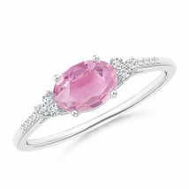 Oval Pink Tourmaline Solitaire Ring with Trio Diamond Accents in Silver Size 4.5 - £233.60 GBP