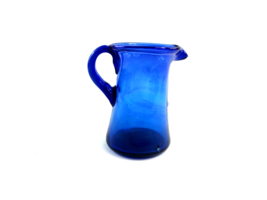 Vintage Blue Colbalt Glass Pitcher Creamer Hand Blown with Handle 3.5 inch - $14.80