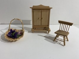 Miniature Wood Doll House accessories Armoires or Wardrobe Chair,  Wicker basket - £7.62 GBP