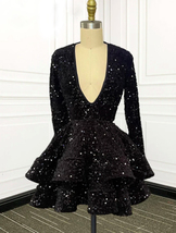 Black Mini Prom Dresses Sparkly Sequin A Line 21st Birthday Party Dresse... - $158.00